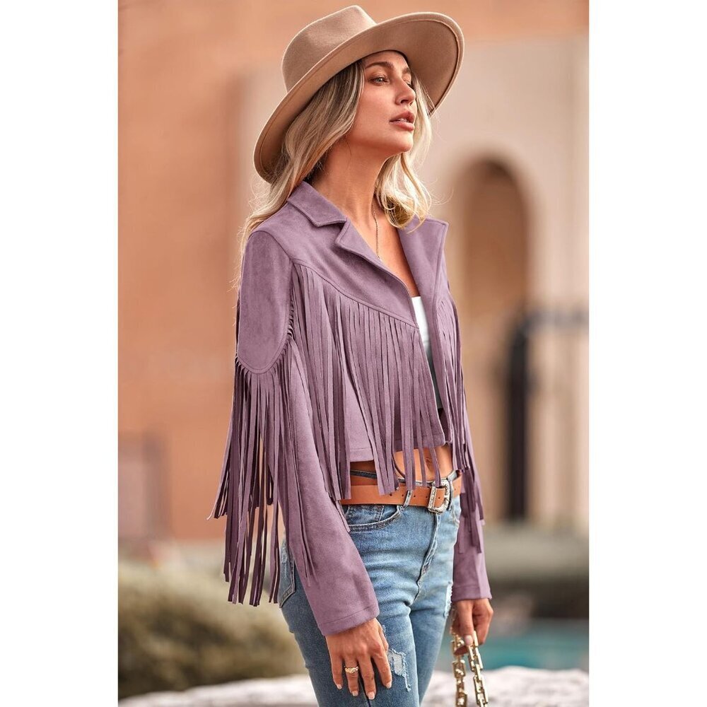 Women's Purple Fringe Faux Suede Leather Tassel Motorcycle Cropped Jackets - Picture 3 of 9